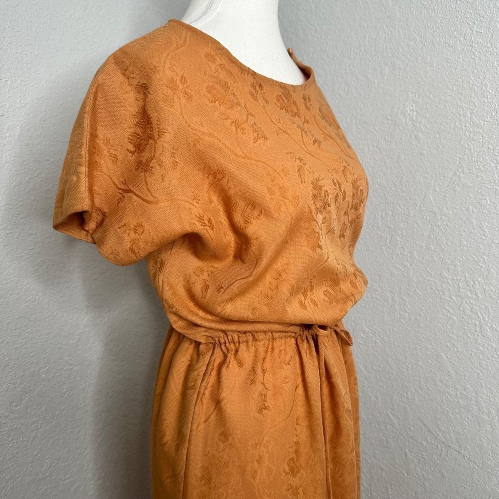 Vintage 70s Jacquard Midi Boho Terracotta Floral Dolman Sleeve Button Shoulder M - Picture 5 of 9